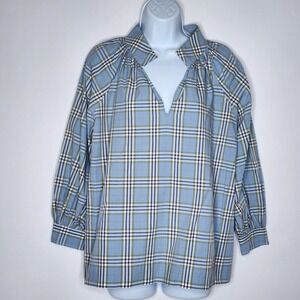 Ann Mashburn Poplin V-Neck Blue Pop Over Tunic Top Blouse Sz. S